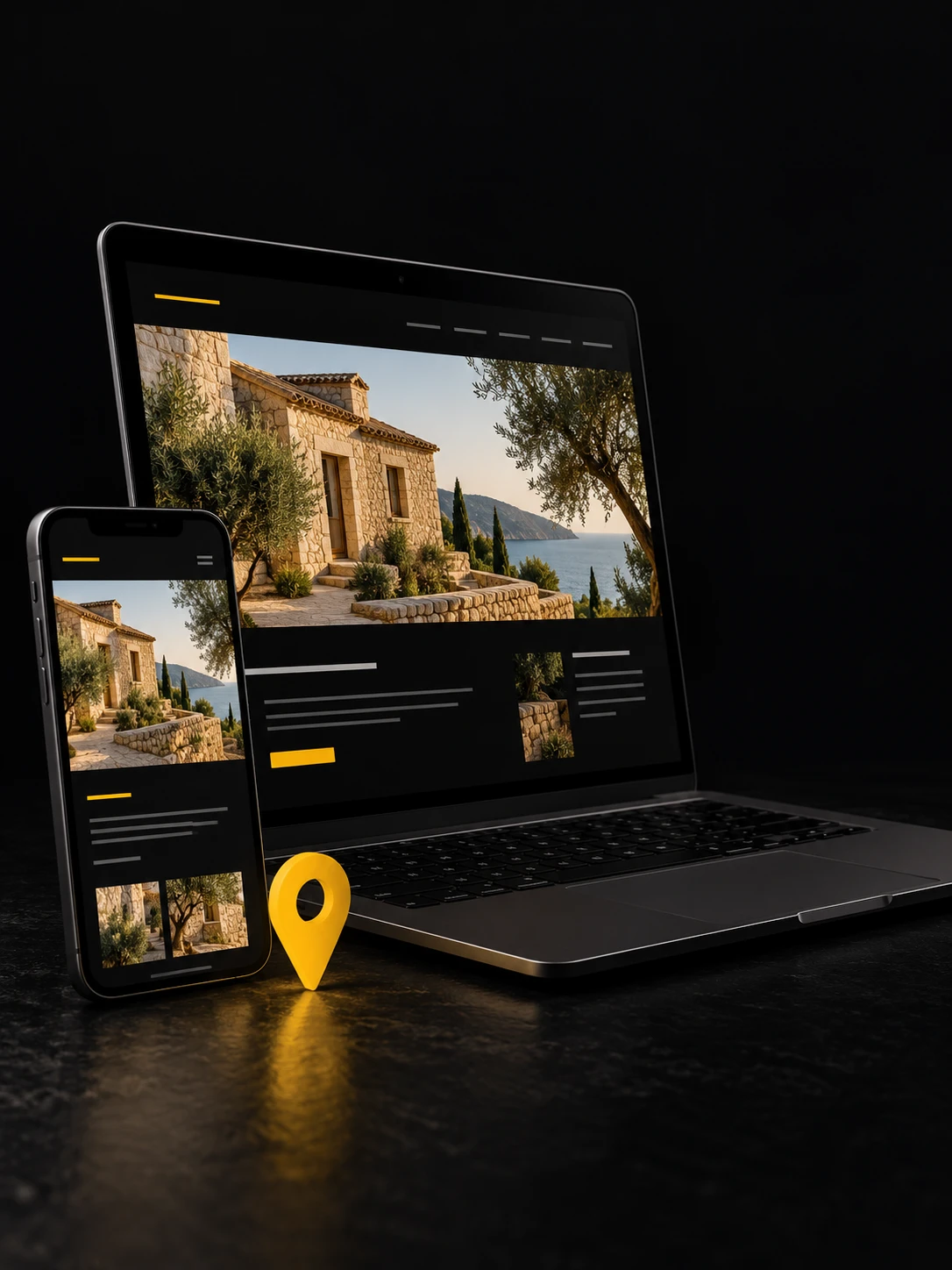 Site d'une entreprise provençale sur ordinateur et téléphone, avec un repère de localisation